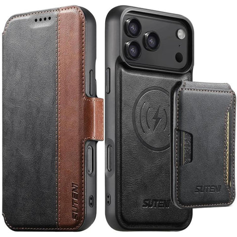 Suteni Q07S3 Left-Right Splicing Cowhide Pattern Flip Side Card Wallet Removable Magnetic Phone Case, For iPhone 18 Pro, For iPhone 18 Pro Max, For iPhone 17 Pro Max, For iPhone 17 Pro, For iPhone 17, For iPhone Air, For iPhone 16 Pro Max              ...