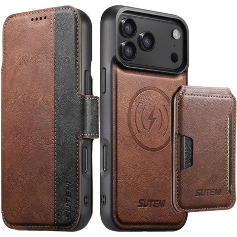 Suteni Q07S3 Left-Right Splicing Cowhide Pattern Flip Side Card Wallet Removable Magnetic Phone Case, For iPhone 18 Pro, For iPhone 18 Pro Max, For iPhone 17 Pro Max, For iPhone 17 Pro, For iPhone 17, For iPhone Air, For iPhone 16 Pro Max              ...