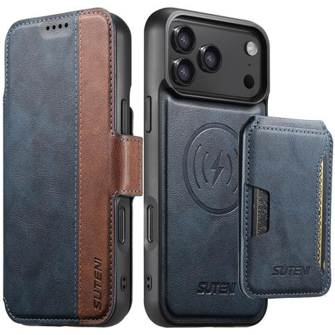Suteni Q07S3 Left-Right Splicing Cowhide Pattern Flip Side Card Wallet Removable Magnetic Phone Case, For iPhone 18 Pro, For iPhone 18 Pro Max, For iPhone 17 Pro Max, For iPhone 17 Pro, For iPhone 17, For iPhone Air, For iPhone 16 Pro Max              ...
