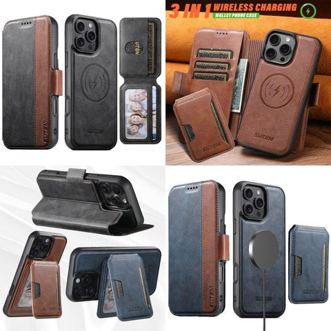 Suteni Q07S3 Left-Right Splicing Cowhide Pattern Flip Side Card Wallet Removable Magnetic Phone Case, For iPhone 14, For iPhone 14 Pro, For iPhone 14 Pro Max, For iPhone 13 Pro Max, For iPhone 13 Pro, For iPhone 13, For iPhone 12, For iPhone 12 Pro Max...