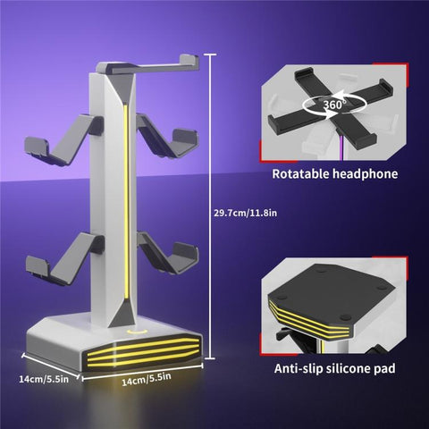 8006 USB Charging Ports 360 Degree Rotatable RGB Gaming Controller Holder Headphone Stand