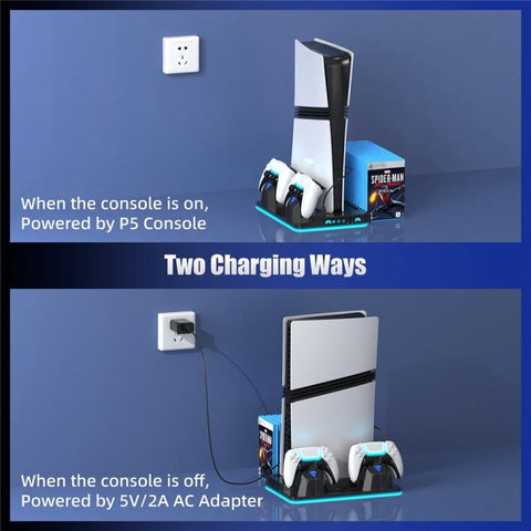 For PS5 / PS5 Slim / PS5 Pro Cooling Stand Dual Controller Charging Station Game Storage Rack