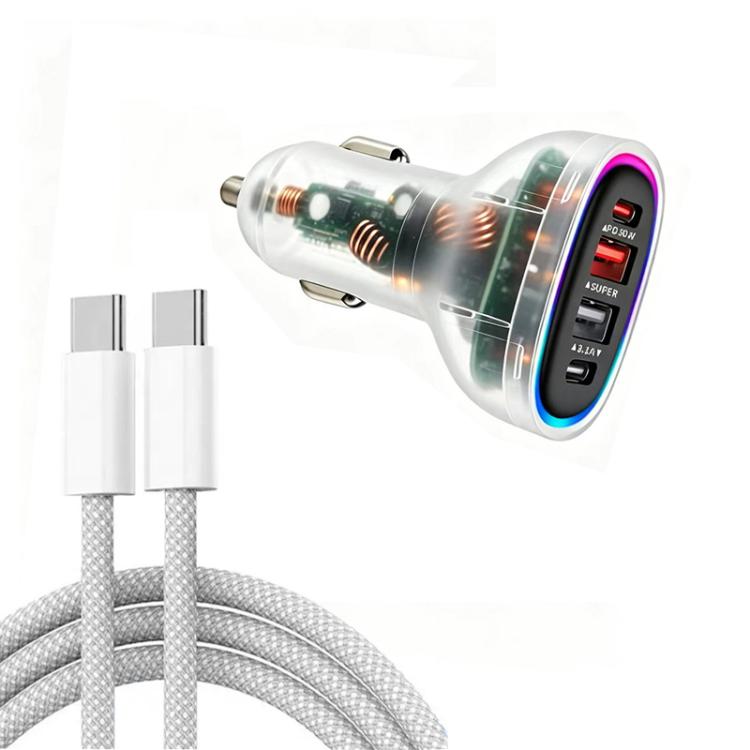 P54 75W PD3.0 USB-C x 2 + USB x 2 Car Charger with Type-C to Type-C Data Cable, with Cable