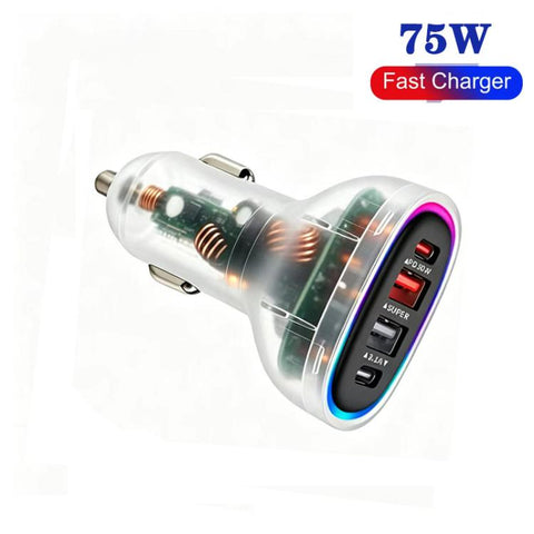 P54 75W PD3.0 USB-C x 2 + USB x 2 Car Charger with Type-C to Type-C Data Cable, with Cable