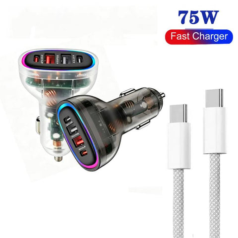 P54 75W PD3.0 USB-C x 2 + USB x 2 Car Charger with Type-C to Type-C Data Cable, with Cable