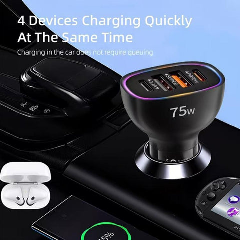 P54 75W PD3.0 USB-C x 2 + USB x 2 Car Charger with Type-C to Type-C Data Cable, with Cable