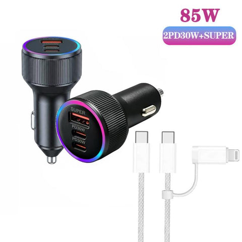 M31 Aluminum Alloy 85W PD30W x 2 + QC3.0 Car Charger with Type-C / 8 Pin Data Cable