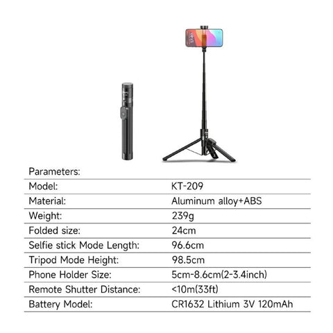 JMARY KT-209 98.5cm Selfie Stick Aluminum Alloy Foldable Tripod with Wireless Remote for Live Streaming, KT-209