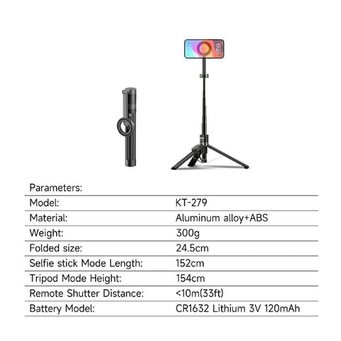 JMARY KT-279 1.54m Selfie Stick Aluminum Alloy Extendable Tripod with Remote Control for Vlog Live Streaming, KT-279