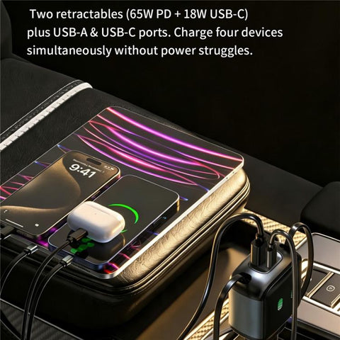 GE15 65W PD 4-Port Car Charger with Dual Retractable Type-C Cable & LED Ambient Light, GE15