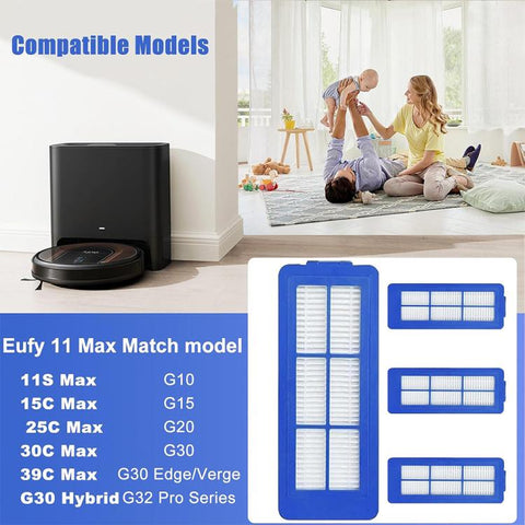 JUNSUNMAY 4 PCS/Pack Sweeper Clean Filters for Eufy RoboVac 11S Max / 15C Max / 30C Max / 25C Max / G10 / G20 / G30 Edge / G30 Verge / G32 Pro