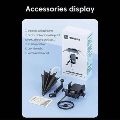 X18 15W Wireless Charging Phone Mount Waterproof 360-Degree Rotation for Electric Motorcycles, X18