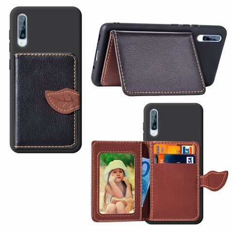 Litchi Pattern Card Bag Wallet Bracket + TPU Phone Case with Card Slot Wallet Bracket Function For Galaxy A50, Black, Green, Brown, Red, Blue