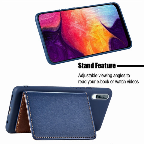 Litchi Pattern Card Bag Wallet Bracket + TPU Phone Case with Card Slot Wallet Bracket Function For Galaxy A50, Black, Green, Brown, Red, Blue
