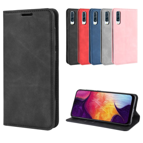 Retro-skin Business Magnetic Suction Leather Case with Purse-Bracket-Chuck For Galaxy A50, For Galaxy A50