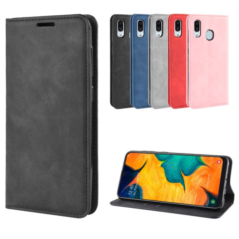 Retro-skin Business Magnetic Suction Leather Case with Purse-Bracket-Chuck For Galaxy A30, For Galaxy A30