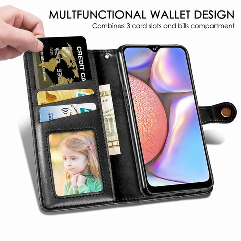 For Galaxy A10S Retro Solid Color Leather Buckle Phone Case with Lanyard & Photo Frame & Card Slot & Wallet & Stand Function, For Galaxy A10S