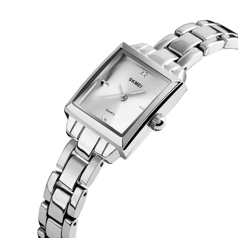 SKMEI 1407 Business Fashion Watch with Diamonds Delicate and Elegant Square Zinc Alloy Quartz Watch for Women, Silvery