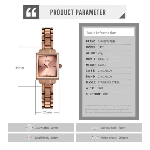 SKMEI 1407 Business Fashion Watch with Diamonds Delicate and Elegant Square Zinc Alloy Quartz Watch for Women, Silvery