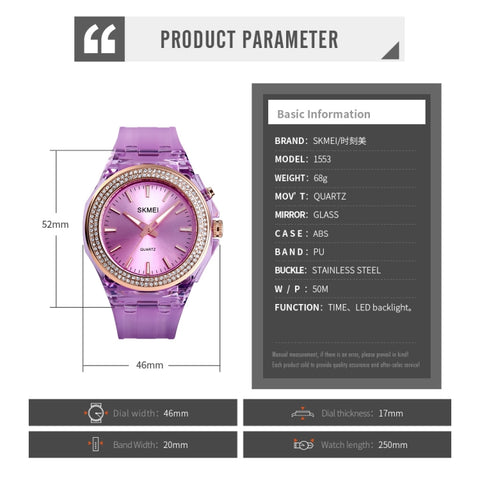 SkMEI 1553 Women LED Color Light Transparent Waterproof Watch Inlaid With Water Drill