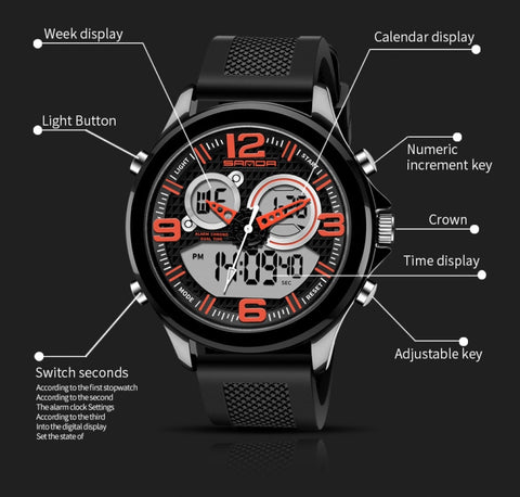 SANDA 793 large Dial Tide Watch Student Fashion Trend Multi Function Double Glow Waterproof Electronic Watch
