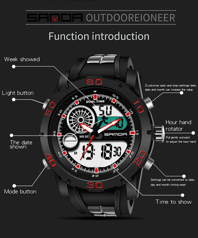 SANDA New Waterproof Luminous Plastic Multi Functional Watch Men Outdoor Sports LED Electronic Watch