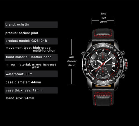 OCHSTIN 6125B Watch Quartz Watch Night Light Waterproof Watch Timing Multi Function Leather Fashion Men Watch