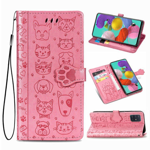 For Galaxy A71 Cute Cat and Dog Embossed Horizontal Flip Leather Case with Bracket / Card Slot / Wallet / Lanyard, For Galaxy A71