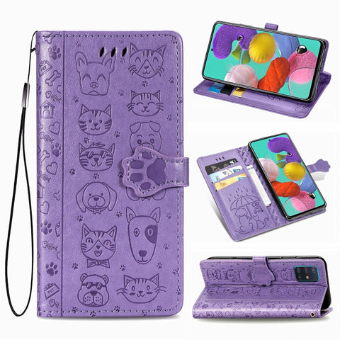 For Galaxy A71 Cute Cat and Dog Embossed Horizontal Flip Leather Case with Bracket / Card Slot / Wallet / Lanyard, For Galaxy A71