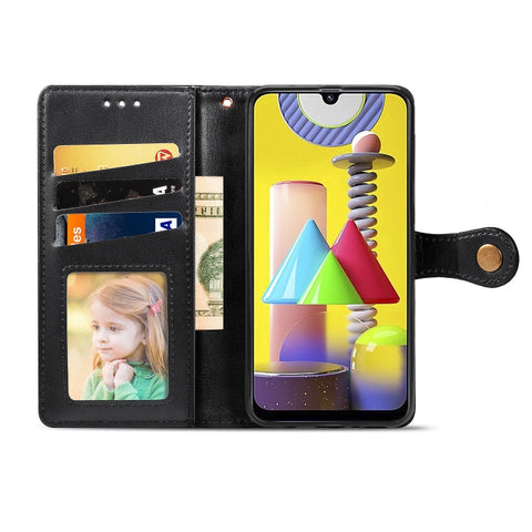 For Galaxy M31 Retro Solid Color Leather Buckle Phone Case with Lanyard & Photo Frame & Card Slot & Wallet & Stand Function, For Galaxy M31