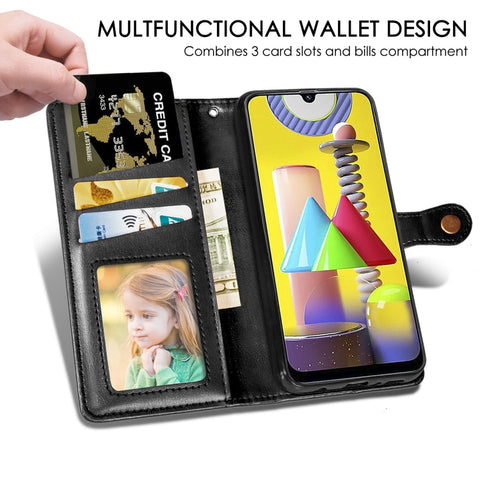 For Galaxy M31 Retro Solid Color Leather Buckle Phone Case with Lanyard & Photo Frame & Card Slot & Wallet & Stand Function, For Galaxy M31