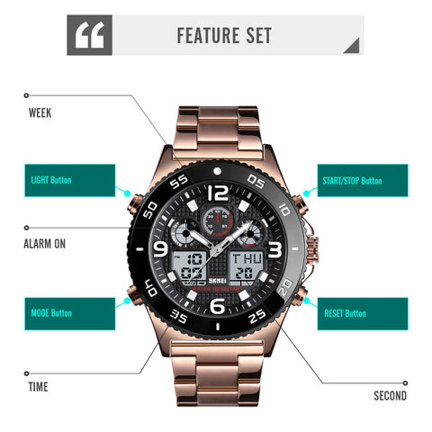 SKMEI 1538 Multi-Function Time Large Dial Steel Belt Men  Casual Sports Electronic Watch