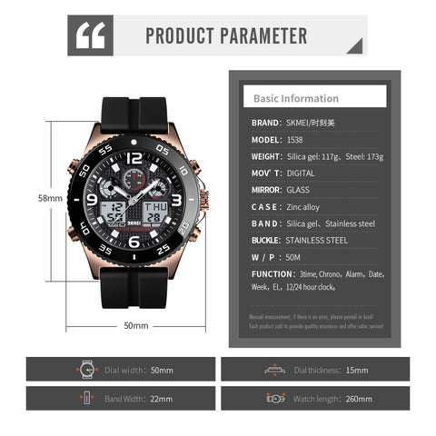 SKMEI 1538 Multi-Function Time Large Dial Steel Belt Men  Casual Sports Electronic Watch