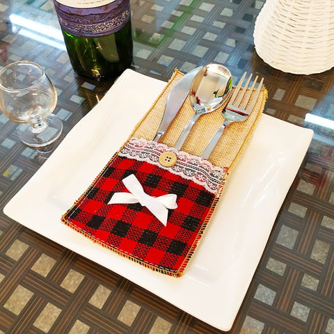 Christmas Knife And Fork Set Christmas Decorations Restaurant Hotel Decoration Checkered, Snowflake, Bowknot