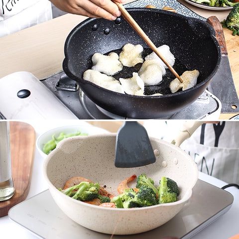 Thick Bottom Maifan Stone Household Small Frying Pan Non Stick Pan Deep Frying Pan, 26cm Beige Without Cover, 28cm Beige Without Cover