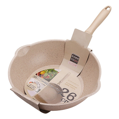 Thick Bottom Maifan Stone Household Small Frying Pan Non Stick Pan Deep Frying Pan, 26cm Beige Without Cover, 28cm Beige Without Cover