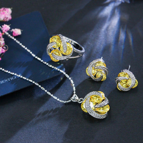 Fashion Cubic Zirconia Knot Earrings Necklace Ring Set for Women, 6, 7, 8, 9