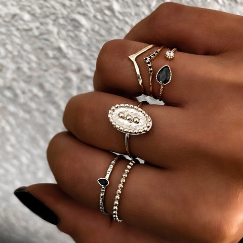 6 PCS Women Bohemian Simple Fashion Embossing Waterdrop With Diamond Rings Set Jewelry, Gold, Silver