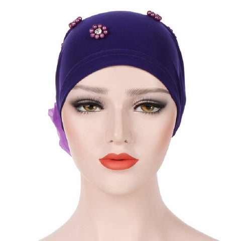 Women Personality Rear Flower Decoration Turban Hat Beaded Hooded Cap, M (56-58cm)
