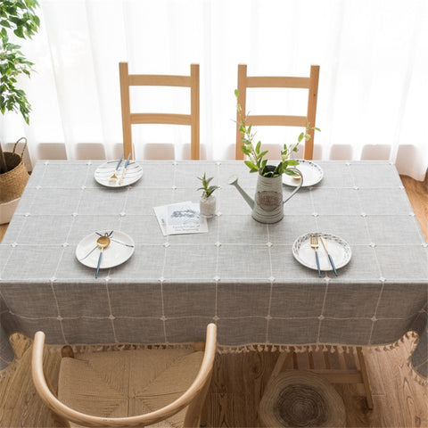 Square Lattice Embroidered Tablecloth Pure Color Cotton Linen Tassel Rectangular Coffee Table Mat, 140x220cm, 140x240cm, 140x260cm, 140x300cm