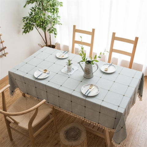Square Lattice Embroidered Tablecloth Pure Color Cotton Linen Tassel Rectangular Coffee Table Mat, 140x220cm, 140x240cm, 140x260cm, 140x300cm