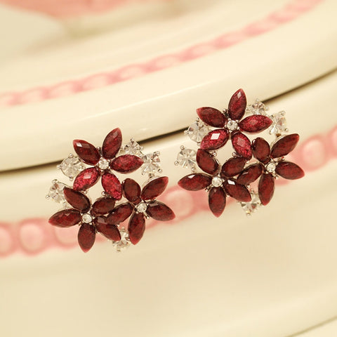 Fashion Zircon Rhinestone 3 Flower Stud Earrings for Women Jewelry, blue, red, black