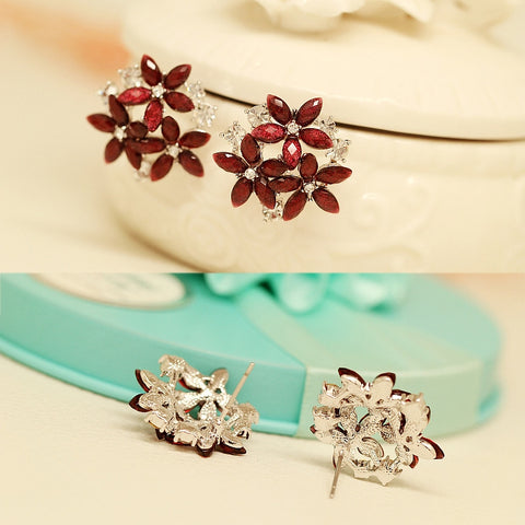 Fashion Zircon Rhinestone 3 Flower Stud Earrings for Women Jewelry, blue, red, black