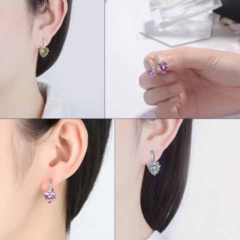 Cute Heart Real 925 Sterling Silver Cubic Zirconia Stone Earrings, Gold with white Zirconia, Platinum with white Zirconia, Platinum with Pink Zirconia, Platinum with Purple Zirconia, Platinum with Light blue Zirconia, Platinum with sea blue Zirconia   ...