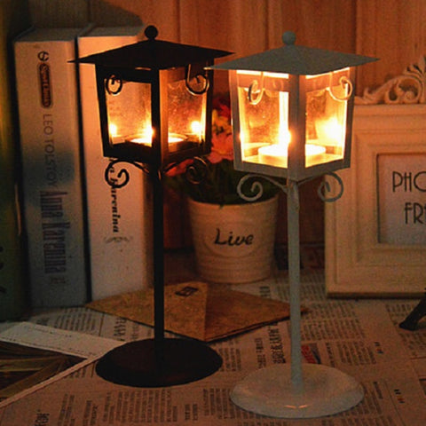 Glass Retro Wrought Iron Street Lamp Candle Holder Home Wedding Decoration, Black, White