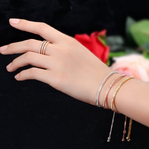 Adjustable Exquisite Hand Jewelry Micro-inlaid Zircon Shiny Single Row Curved Aracelet, rose gold, platinum, yellow gold