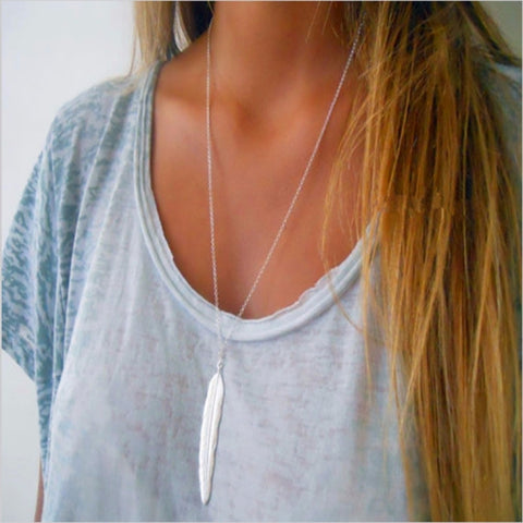 Vintage Long Necklace Jewelry Simple Feather Pendant Necklaces, Gold, Silver