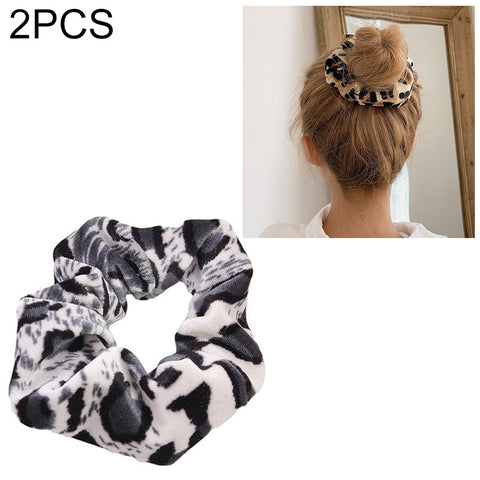 2 PCS Velvet Leopard Hair Ring Gold Velvet Headband Flannel Hair Band Hairball Hair Pocket Flower, Leopard Print, Black and White dots, Piebald, Black and White Geometry, Fine Leopard Print