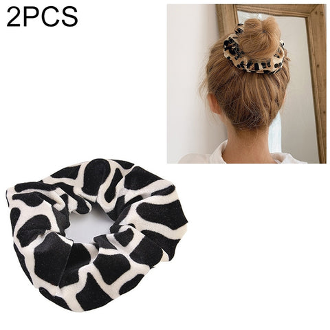 2 PCS Velvet Leopard Hair Ring Gold Velvet Headband Flannel Hair Band Hairball Hair Pocket Flower, Leopard Print, Black and White dots, Piebald, Black and White Geometry, Fine Leopard Print