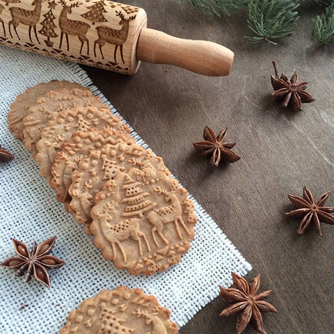 Christmas Embossing Rolling Pin Baking Cookies Fondant Cake Dough Engraved Roller
